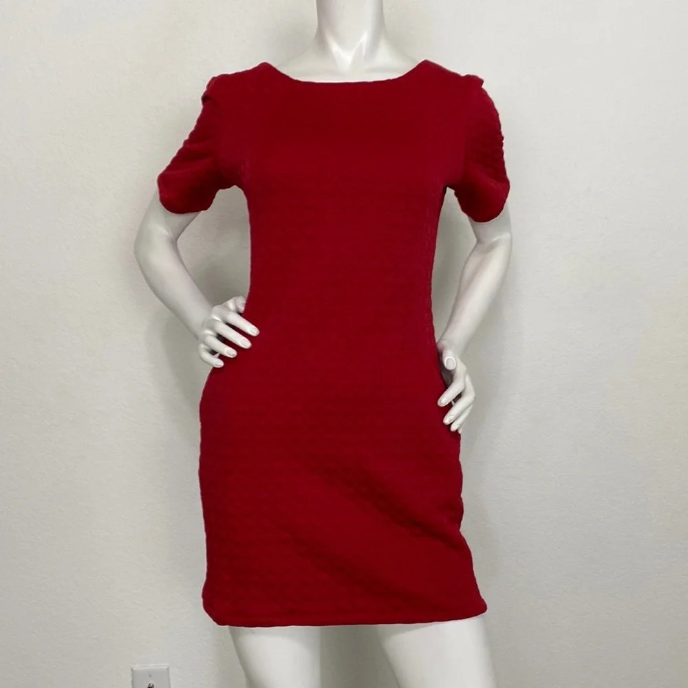 Sharagano Red Bubble Textured Pocket Short Sleeve Crew Neck Mini Dress Size 6